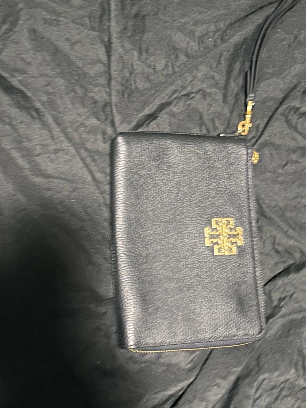 Tory Burch Black Pebbled Leather Wristlet with Gold Logo